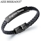 Винтажный Выгравированный именной черный плетеный кожаный браслет AZIZ BEKKAOUI, браслет сделай сам из нержавеющей стали с надписью, мужской браслет, ювелирные изделия