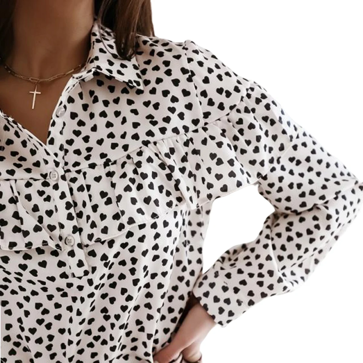 

Women Long Sleeve Shirt, Ruffle Peach Heart Print Elegant Appearance Spring Clothing