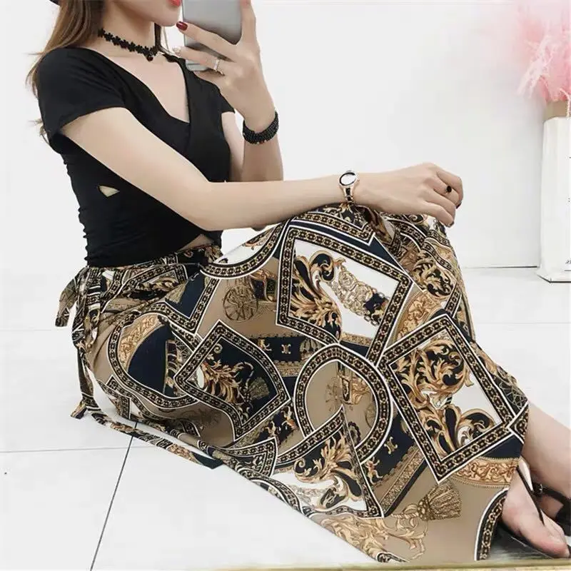 

Chiffon Floral Lace-Up Skirts Mid-Calf Summer Vacation Sun-Proof Beach Skirts One-Piece Sexy High Waist Slim Elegant Wrap Skirt