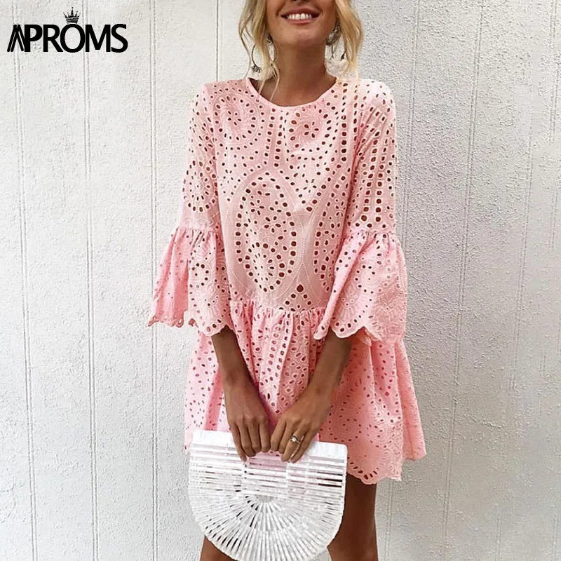 Розовый Aproms элегантное белое вязаное крючком кружевное платье для женщин Лето 3/4 рукав платье-туника в стиле кэжуал пляжное свободное короткое платье Vestidos - Цвет: Розовый