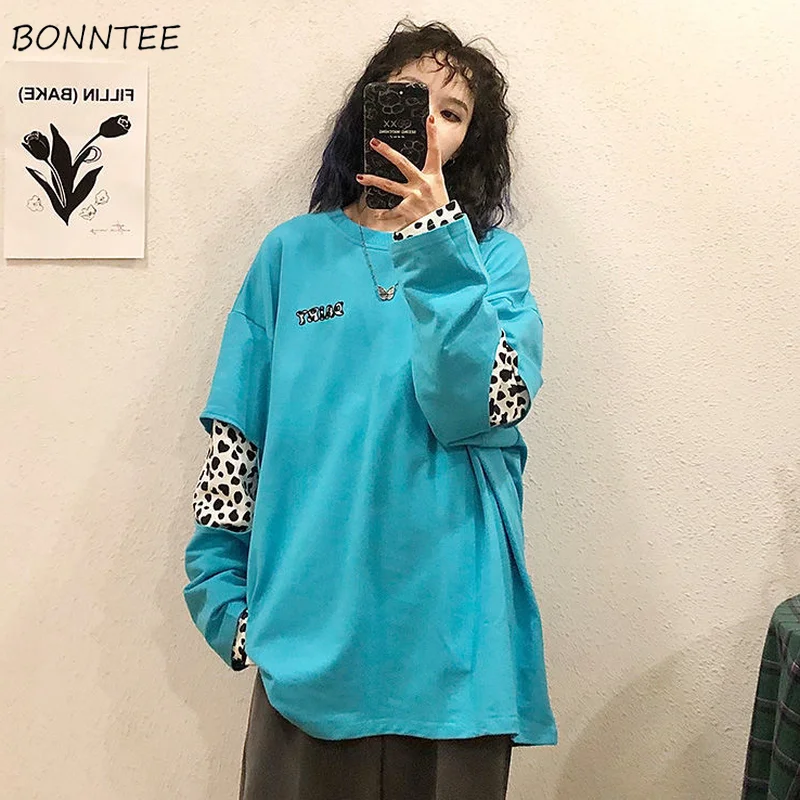 

Women Hoodies Patchwork Full Sleeve O-neck Fake Two Piece Loose Designer Harajuku Ulzzang Trendy High Street All-match Hip Hop