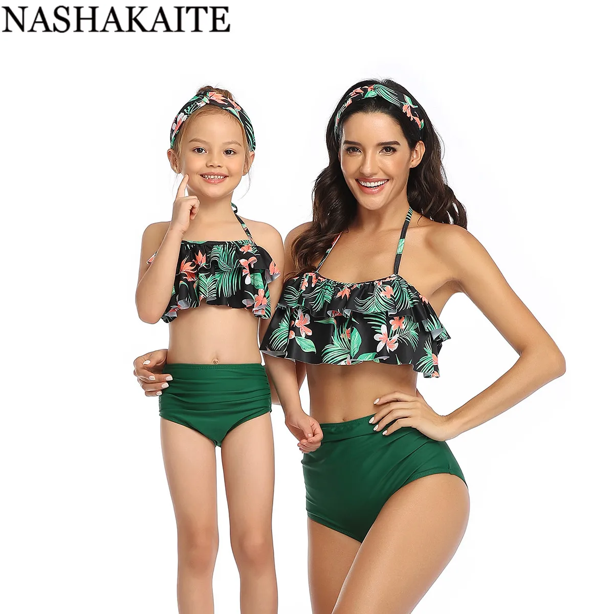 Green Print NASHAKAITE/купальный костюм для мамы и дочки; летний комплект бикини с оборками и принтом в виде листьев; Семейные комплекты; одежда для купания; семейный образ; mae e filha - Цвет: Green Print
