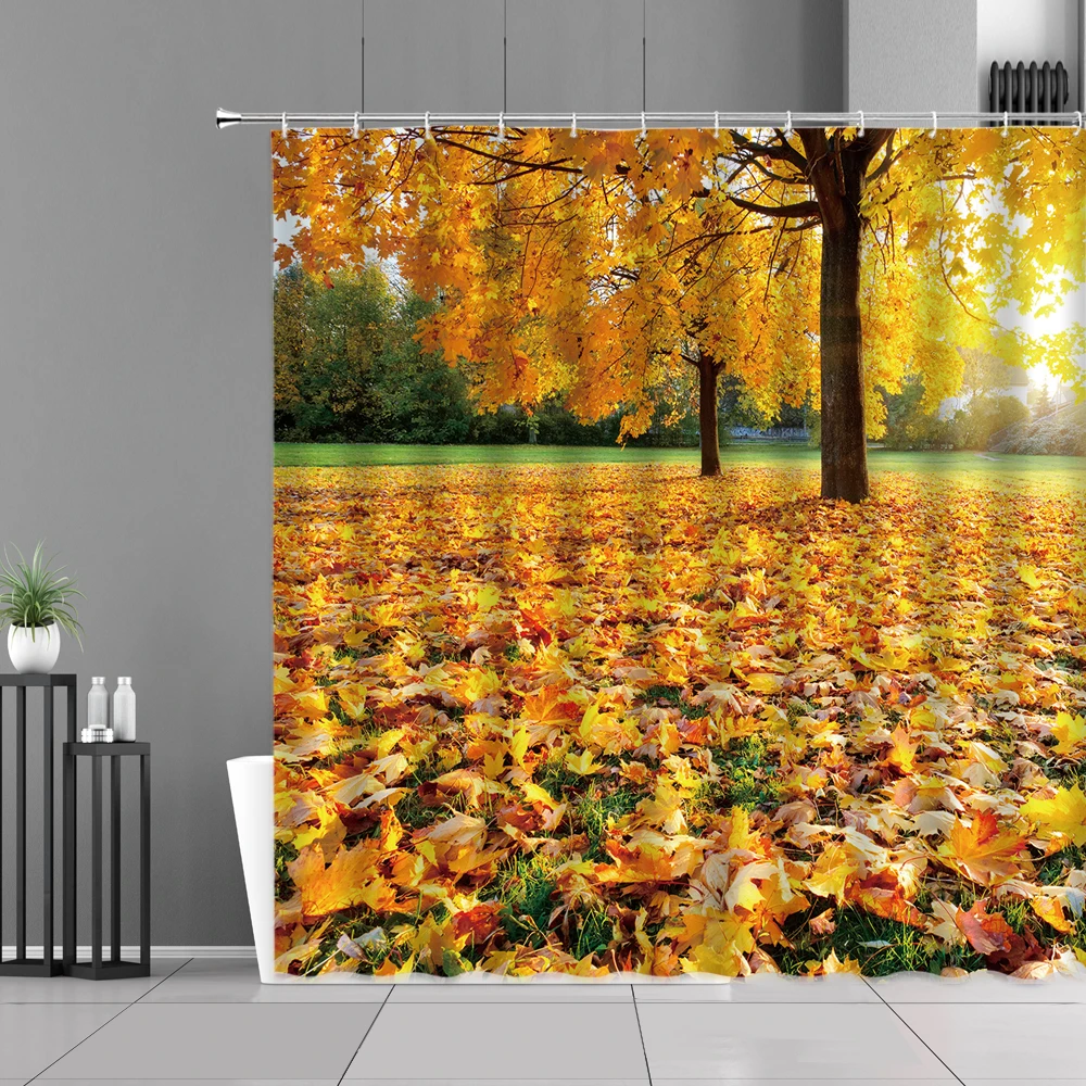

Yellow Maple Leaf Fallen Leaves Landscape Shower Curtain Autumn Plants Landscape Home Bathroom Decor Waterproof Hooks Curtains