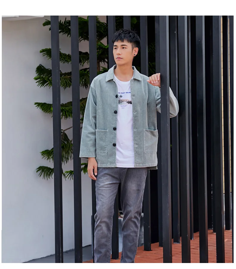 Schinteon Men Corduary Loose Jacket Autumn Mid-Length Outwear Casual Turn-down Collar Top Fashion High Quality New