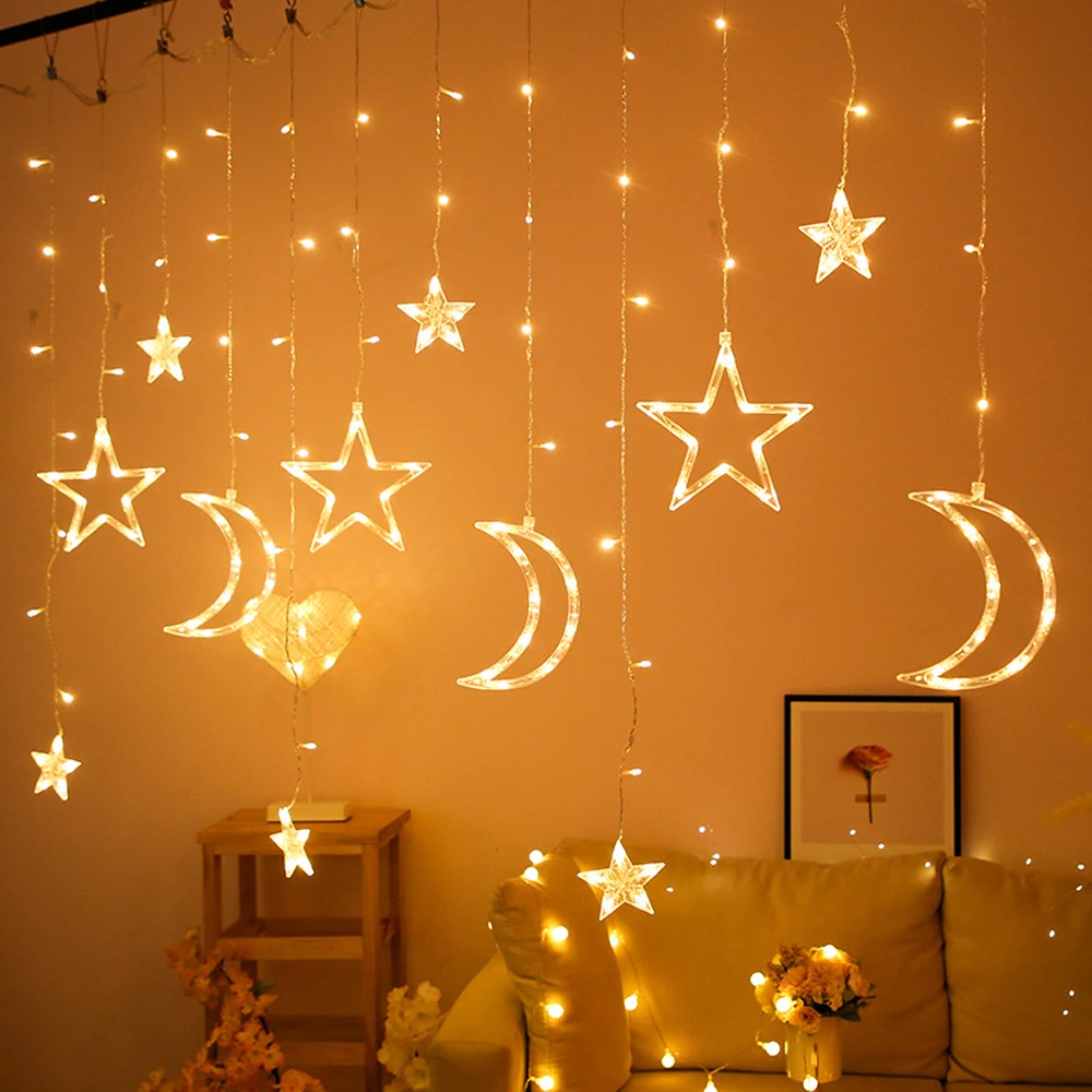 

LED Curtain Lights with Stars Moons 8 Lighting Modes Twinkle String Lights for Ramadan Home Decor Lights for Festival Bedroom