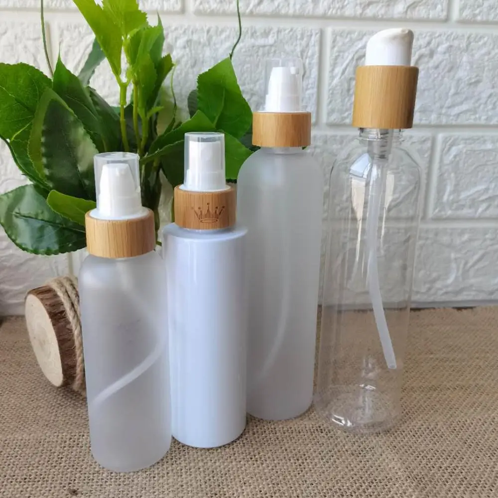 

60ml 120ml 150ml 250ml frosted pet plastic bottle cosmetic skin care packing with Environmental protection bamboo pump head