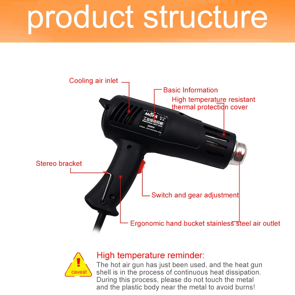 Электрический пистолет горячим воздухом 2000 Вт с регулировкой температуры от 150