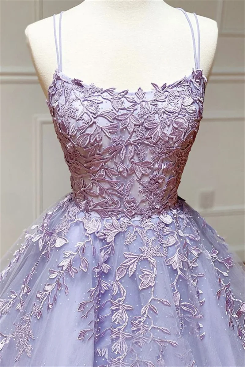 

Elegant Purple Prom Dress Spaghetti Straps Appliques Lace-up Backless Sweep Train Scoop Neck Evening Dress