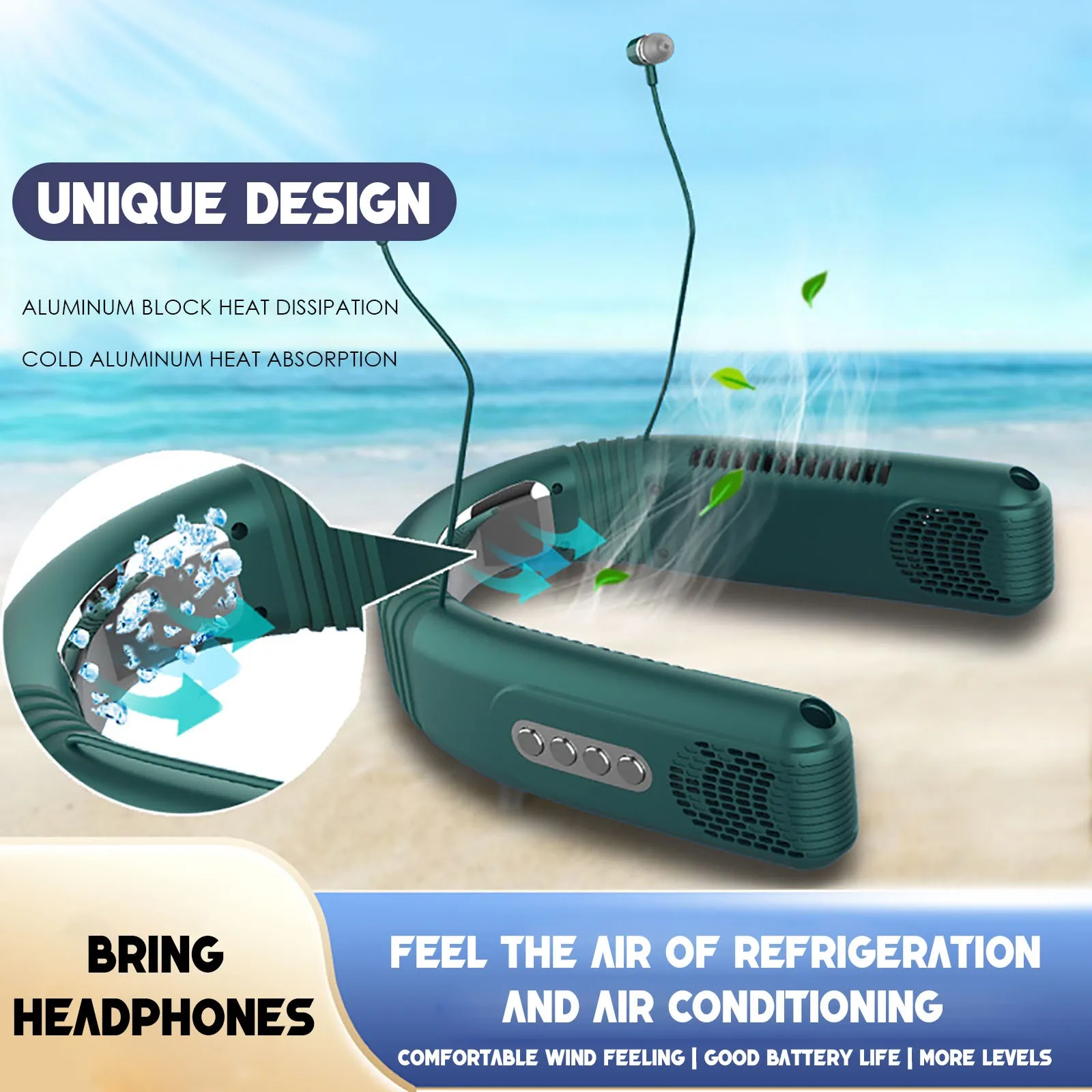 

Portable Leafless Neck Hanging Fan Hot Sale Sports Fan Lazy Portable Mini Fan Comes with Headphones for Listening To Music