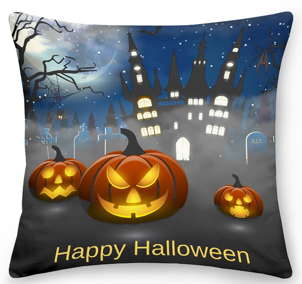 Funda de almohada de feliz Halloween, cubierta de coj&iacute;n de calabaza, murci&eacute;lago, fantasma, sof&aacute;, funda de almohada de cama, funda de coj&iacute;n de fiesta de terror para decoraci&oacute;n del hogar de 45cm-4