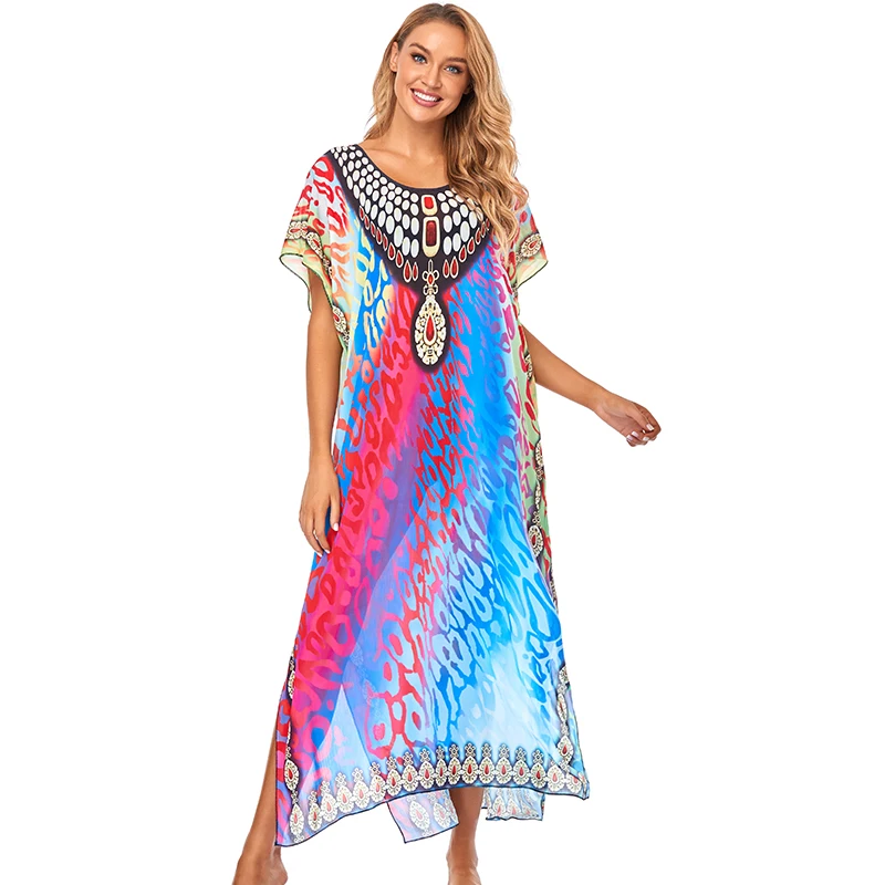 

2021 Bohemian Printed O-neck Short Sleeve Side Split Summer Beach Dress For Women Clothes Plus Size Beachwear Maxi Dresses Q1209