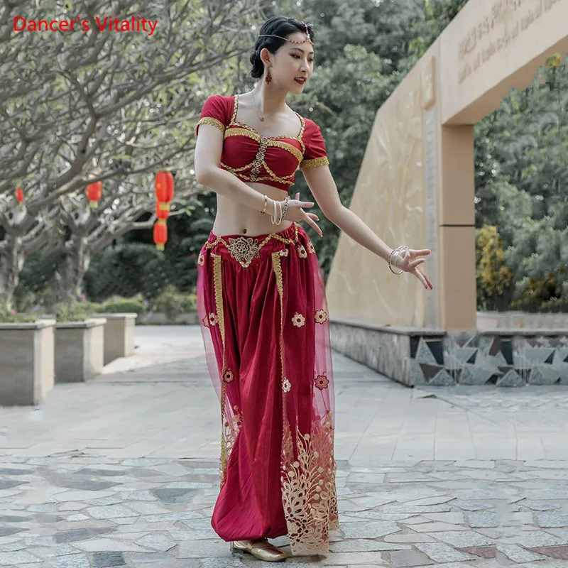 Костюм для восточного танца: топ с коротким рукавом, широкие брюки из фатина, шикарная рубашка и брюки для женщин в индийском стиле.