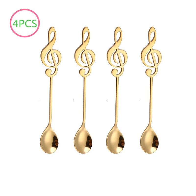 gold spoon 7 шт/4 шт музыкальная нота кофе нержавеющая сталь для ложек чайные ложки для помешивания набор сахара мороженое кружка десертная ложка напиток столовые приборы - Цвет: gold spoon