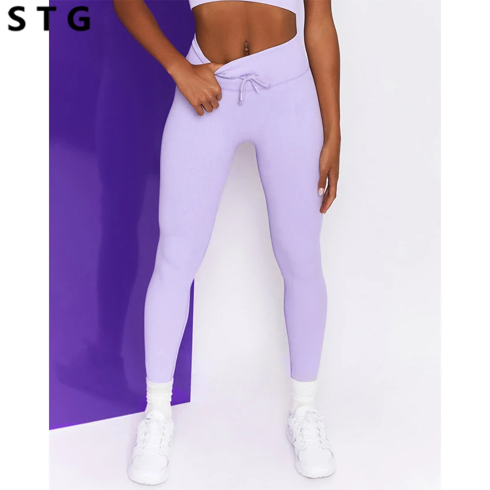 

New Threaded Yoga Pants Women's High Waist Drawstring Leggings Sweatpants Gym Pants Workout Push Up Leggings Seamless Tights