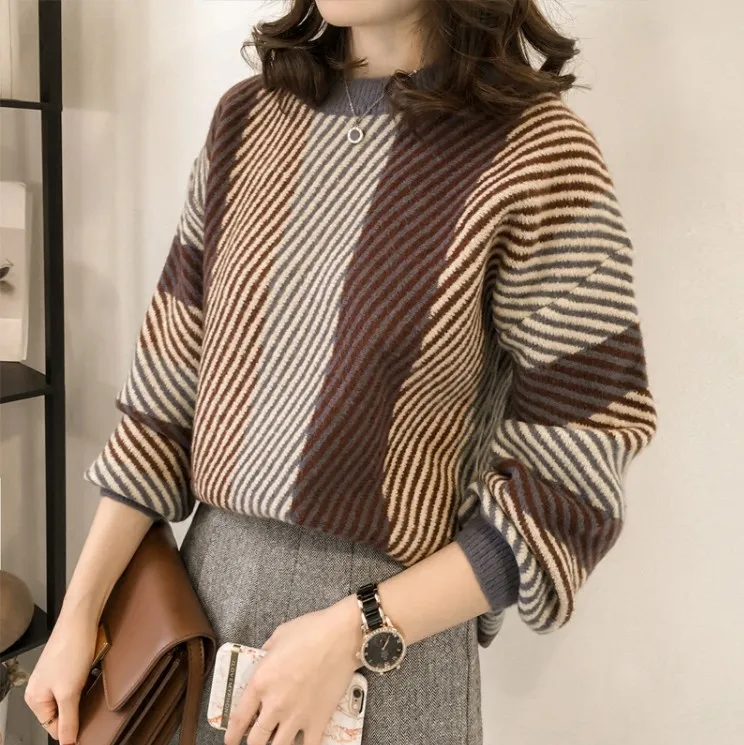 Женский трикотажный свитер в полоску Повседневный пуловер свободного покроя