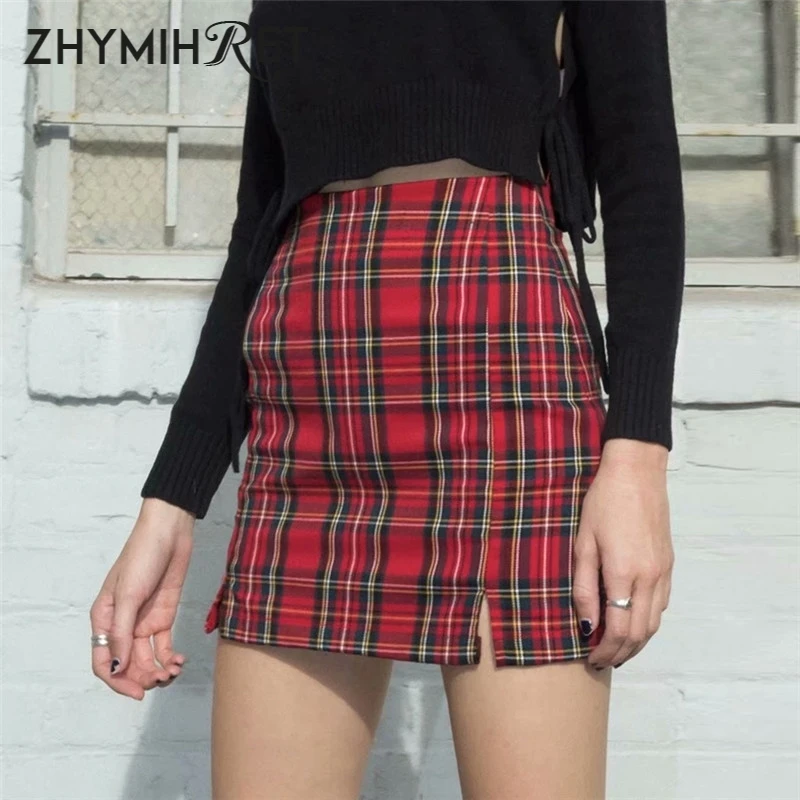 Юбка карандаш Женская клетчатая с высокой талией пикантная красная мини юбка