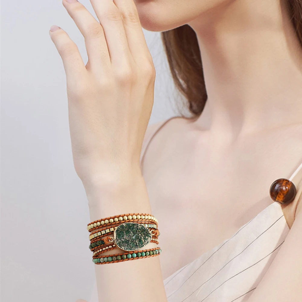 

Unique Moss Agates Leather Wrap Bracelets for Women Waterdrop Shaped Natural Stone Geometric Hematite Beaded Bracelet Jewellery