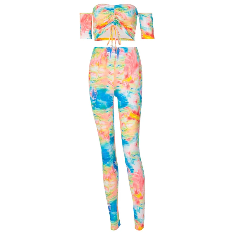 

2020 summer Autumn New Women Sexy Tie-Dye Colorful Fashion Casual Suit blouse and pants set Female