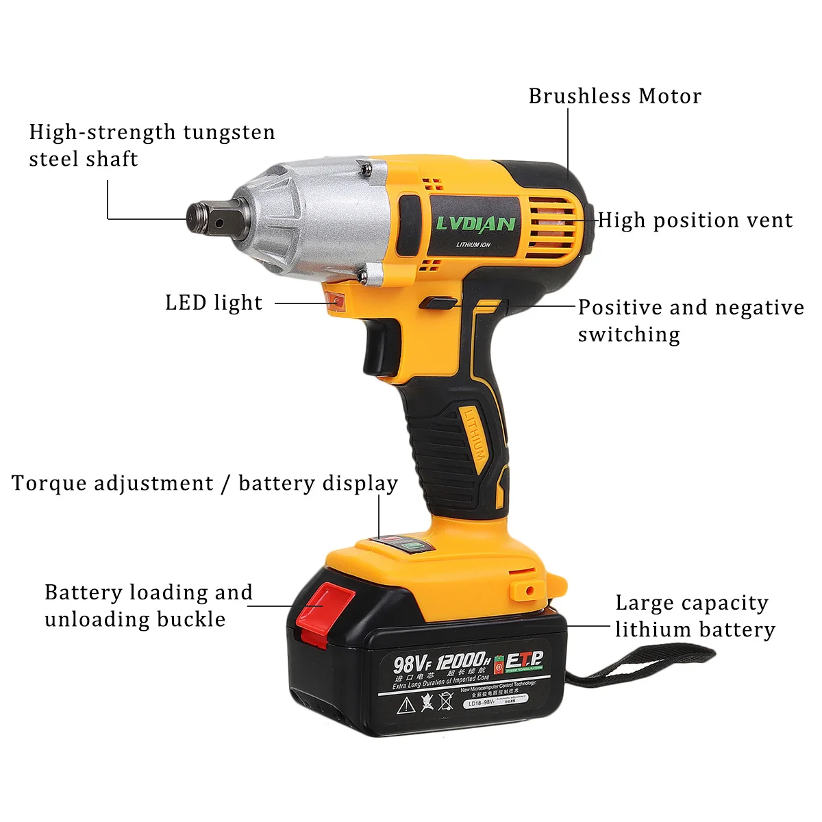 Электрический гайковерт 98VF бесщеточный Аккумуляторный 1/2 дюйма с аккумулятором