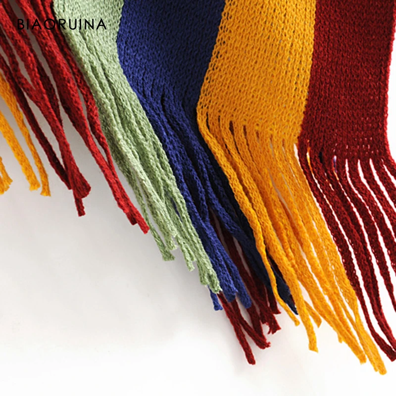 

BIAORUINA Women's Fashion Colorful Stripes V-neck Knit Wrap Swing Female Loose Tassels Indie Folk Sweater One Size