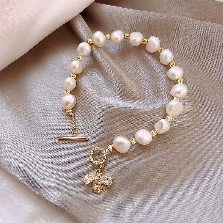 

Freshwater Pearl Micro-Inlaid Zircon Bee Niche Bracelet Female Korean Ins Fashion Trend Simple High-End Versatile Jewelry