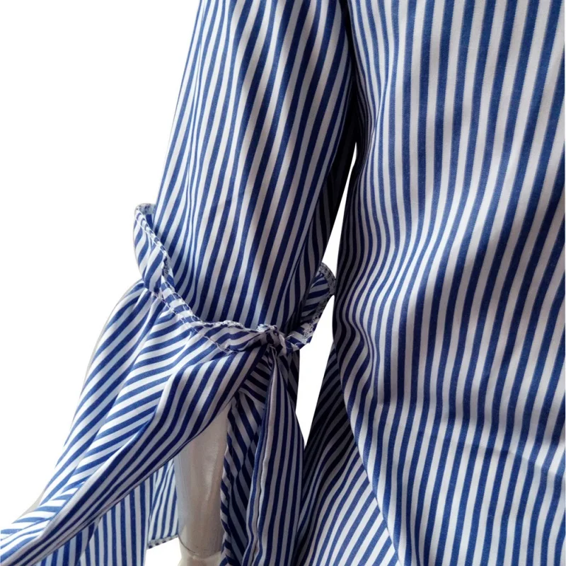 

Women'S Blouse New Vintage Shirts Long Flare Sleeve Striped Shirt Bowknot Tops blusas mujer de moda Plus Size