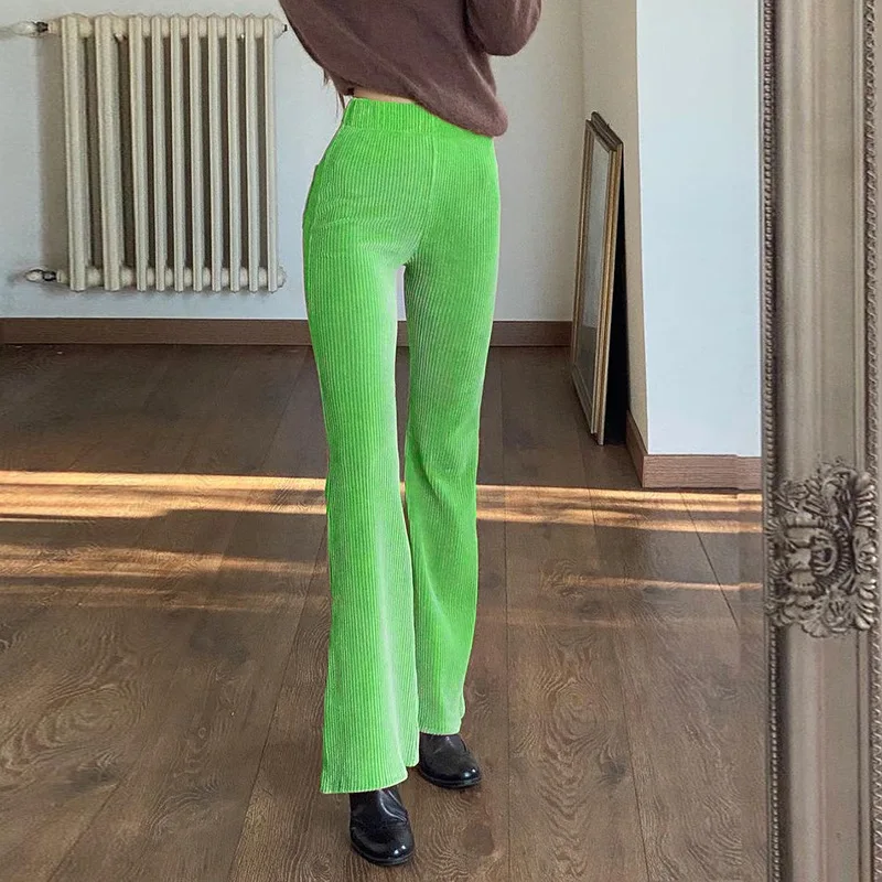 

2020 Autumn Winter Women's New Fashion Casual High Waist Slim Corduroy Flared Casual Pants Female Basic Solid Color Trousers