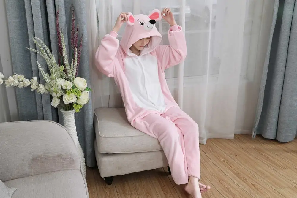 Розовый комбинезон с мышкой для взрослых и женщин Пижама животными фланелевая