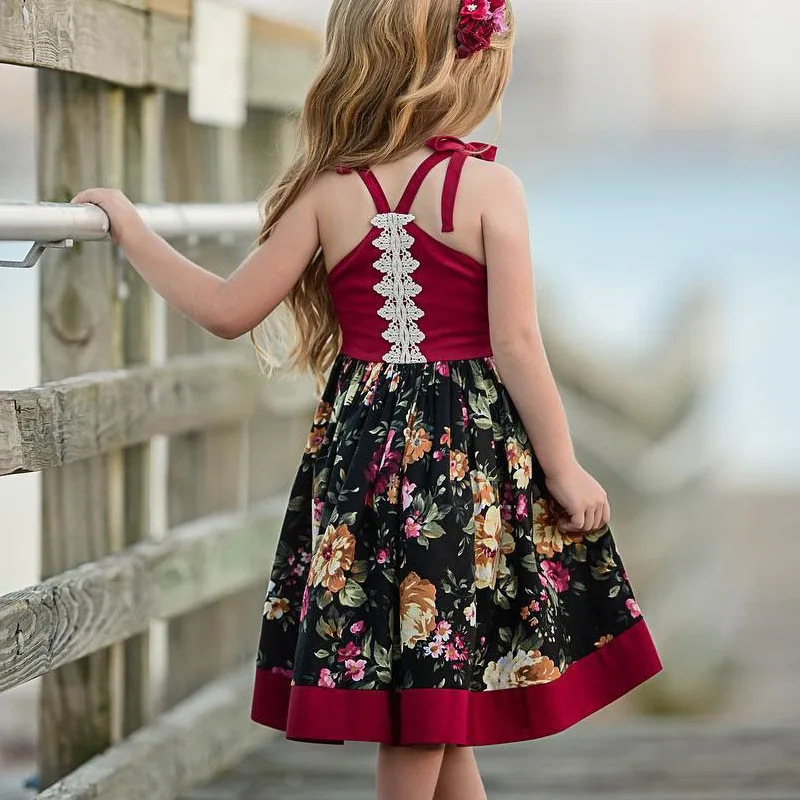 Burgundy Princess Dresses Girls Floral Asymmetrical Evening Party Dress for Kids Summer Modis Girl Costume | Детская одежда и