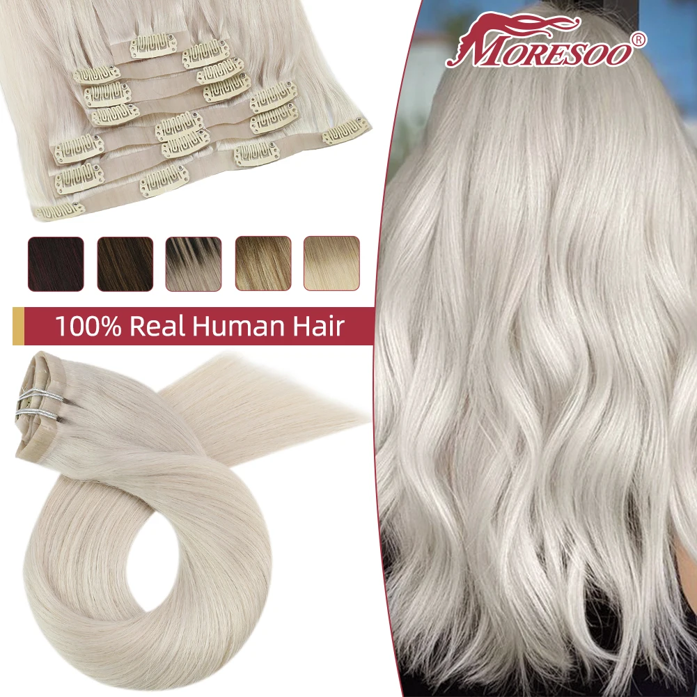 [2 Packs] Moresoo Seamless Clip in Human Hair Extensions Real Hair Brazilian Machine Remy Extensions Straight Invisible Clip ins