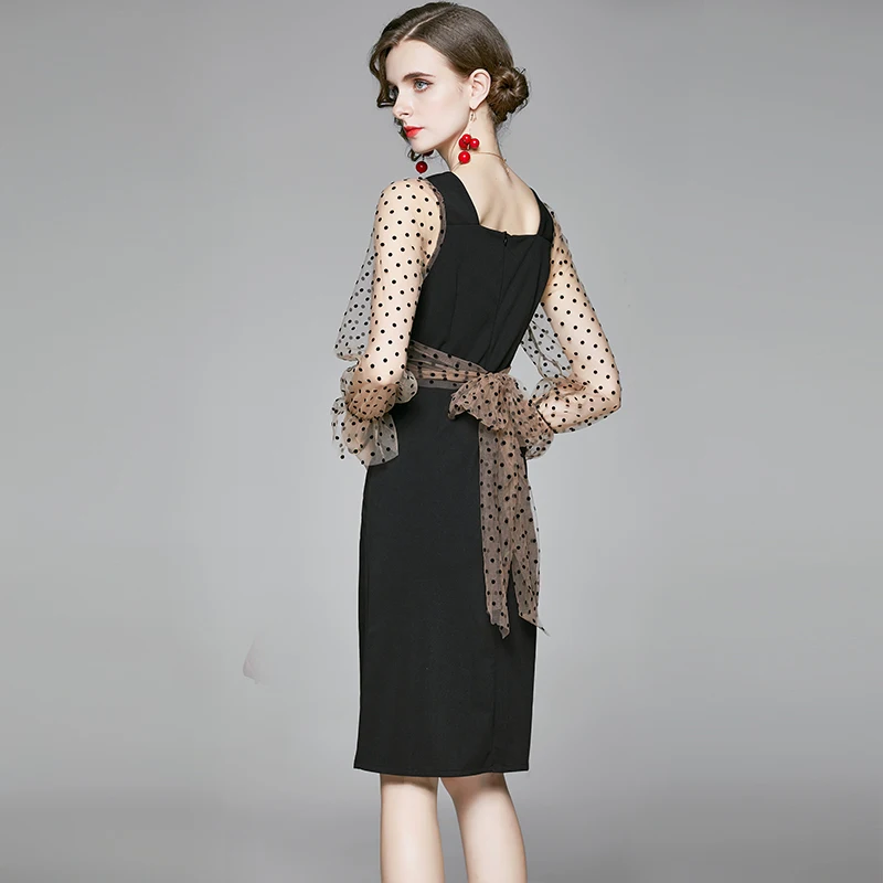 

ZUOMAN Women Elegant Dot Mesh Dress Festa High Quality Office Cocktail Party Robe Femme Vintage Designer Black Pencil Vestidos