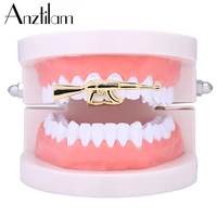 anztilam gold silver color rifle shape teeth grillz copper material tooth grills caps for women men dental jewelry