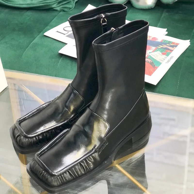 

High Quality New Genuine Leather Square Toe Platform Martin Boots Women Fashion Chunky Heels Comfortable Elegant Chelsea Boots