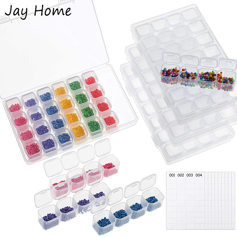 

28 Slots Adjustable 5D Diamond Painting Storage Box Embroidery Craft Bead Containers with Stickers for Nail Diamond Art Crafts