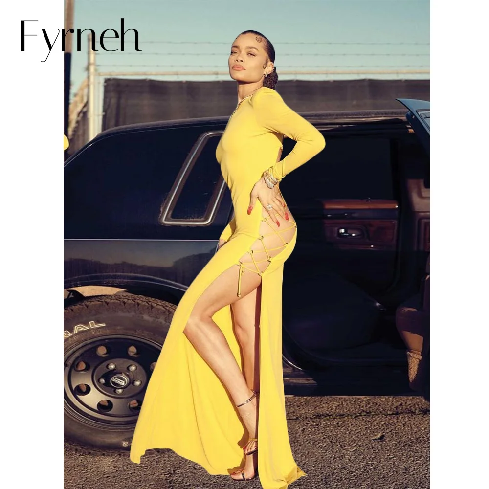 

Элегантное желтое платье-макси Fyrneh из Джерси с длинным рукавом, повседневные праздвечерние чные наряды для отпуска, сексуальное шикарное п...