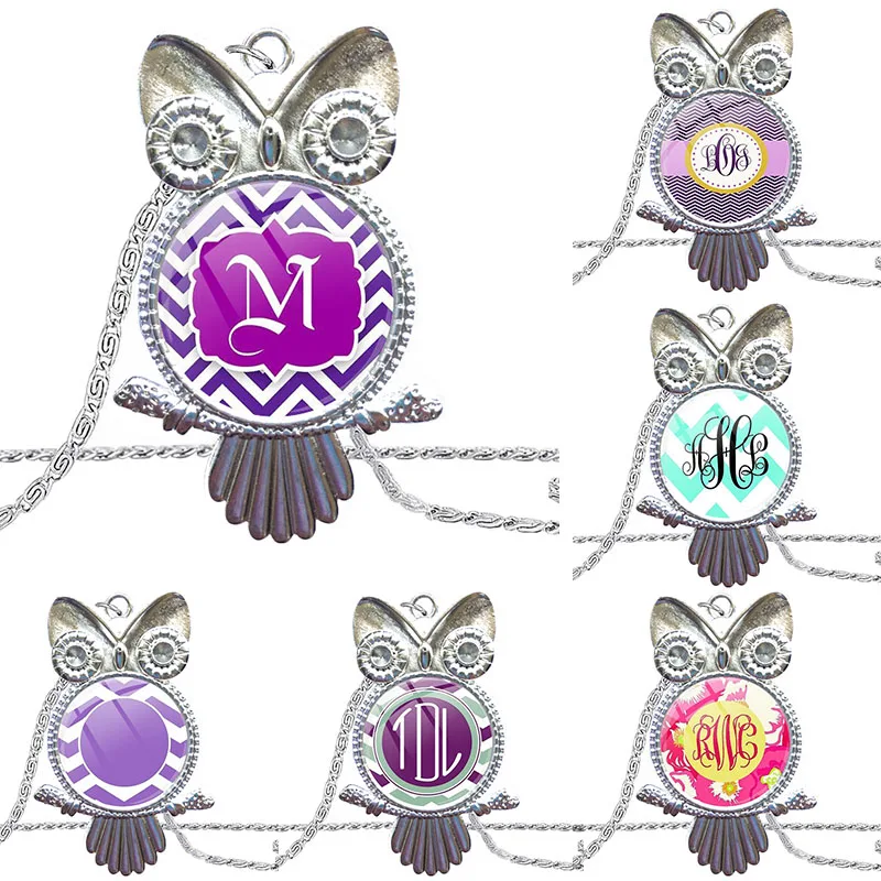 Монограмма фиолетовый шеврон модный стеклянный кабошон кулон Сова ожерелье