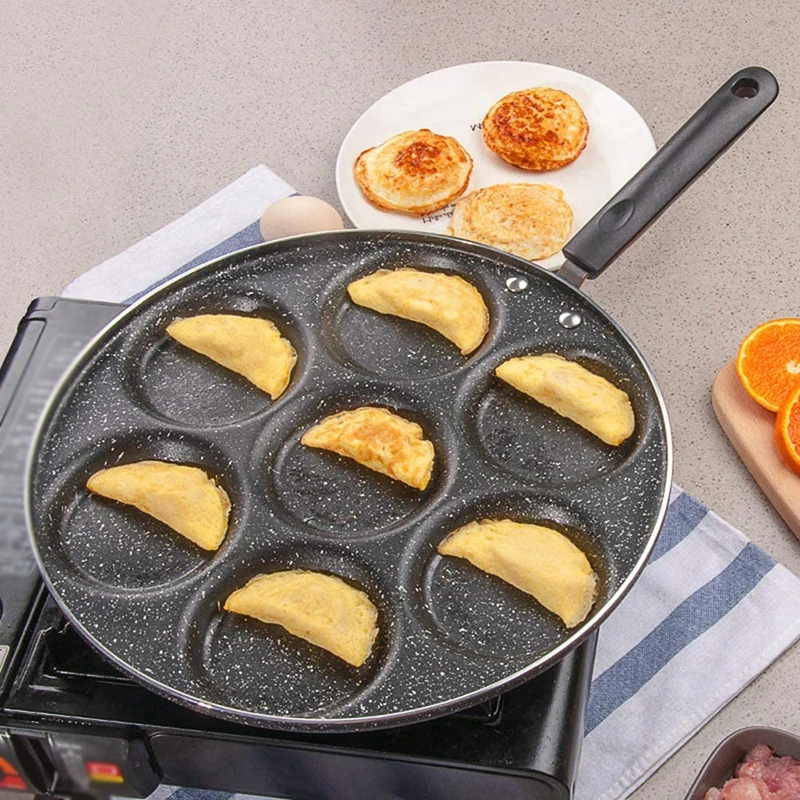 Newest 7 Hole Omelet Pan for Burger Eggs Ham Pancake Maker Wooden Handle Frying Pot Non-stick Breakfast | Дом и сад