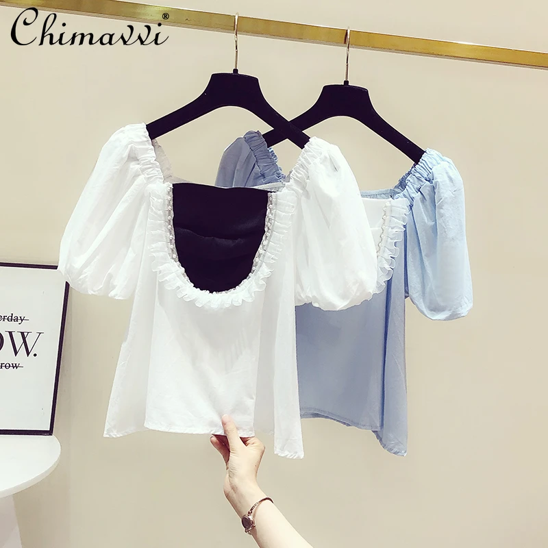 

Женская рубашка с квадратным вырезом и длинным рукавом, Летняя Повседневная белая блузка с бусинами и коротким рукавом, корейские свободны...