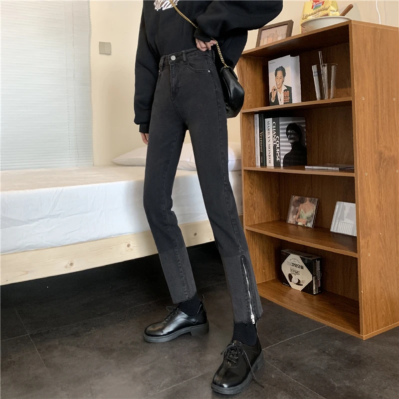 Женские прямые джинсы с завышенной талией обтягивающие эластичные большого