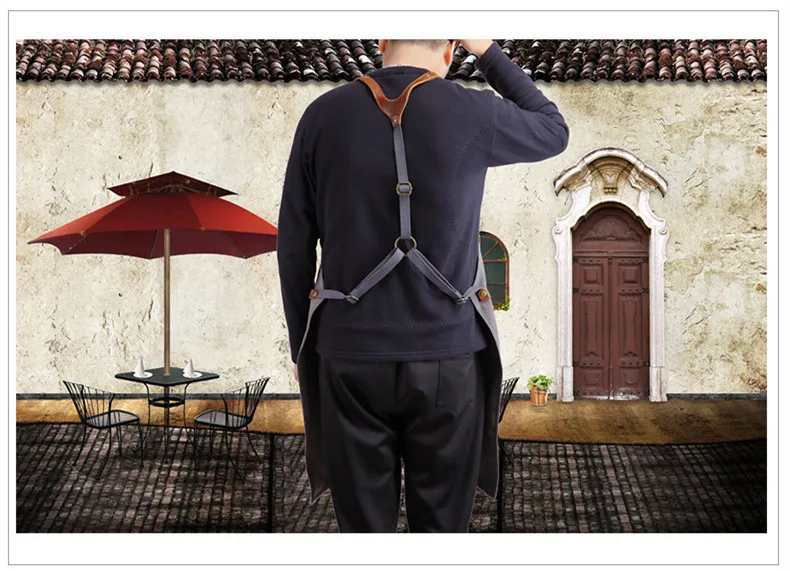 

Vintage Canvas Working Apron Genuine Leather Strap Wear-Resistant Carpenter/Gardner Apron Unisex Coffee Shop Bartender Apron