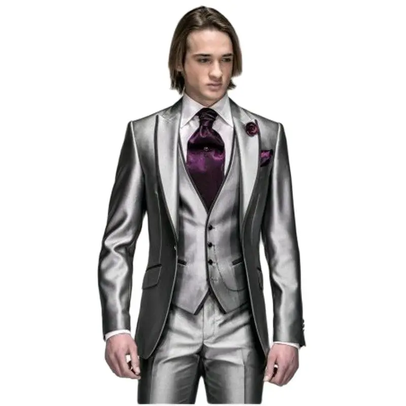 Shiny Silver Grey Men Prom Dress Business Suits Groom Wedding Coat Waistcoat Trousers Sets (Jacket+Pants+Vest+Tie) K:1286