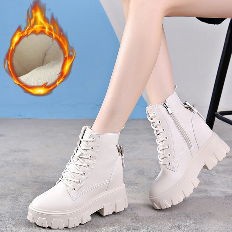 

Genuine Leather Shoes Women Martin Boots Black White Platform Boots Plush Warm Snow Boots Side Zipper Ladies Chunky Ankle Boots