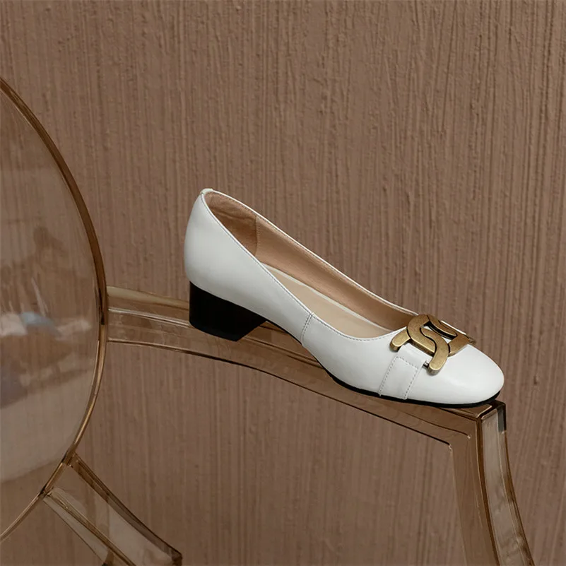 

Meotina Genuine Leather Block Heels Pumps Women Mid Heel Shoes Round Toe Shallow Shoes Metal Decoration Female Footwear Black 42