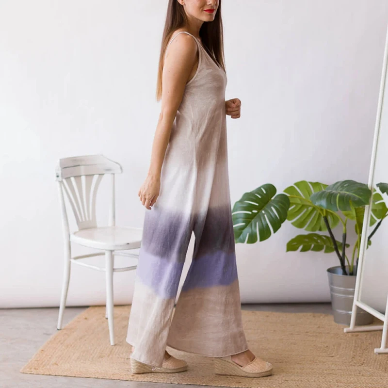 

2021 Summer Retro Dress Gradient Color Tie Dye Spaghetti Belt Long Dress Casual Sleeveless Hollow Back Split Sling Evening Dress