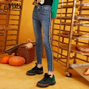 Женские прямые джинсы-карандаши ELFSACK, синие однотонные потертые облегающие офисные брюки на каждый день в стиле пэчворк, зима 2019