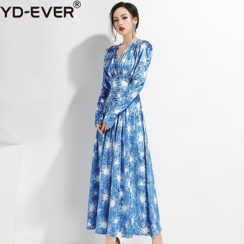 Женское бархатное платье с V-образным вырезом дизайнерское подиумное синее