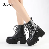 gdgydh embroider design lace up women ankle boots zipper round toe square high heels female short motorcycle boots gothic style