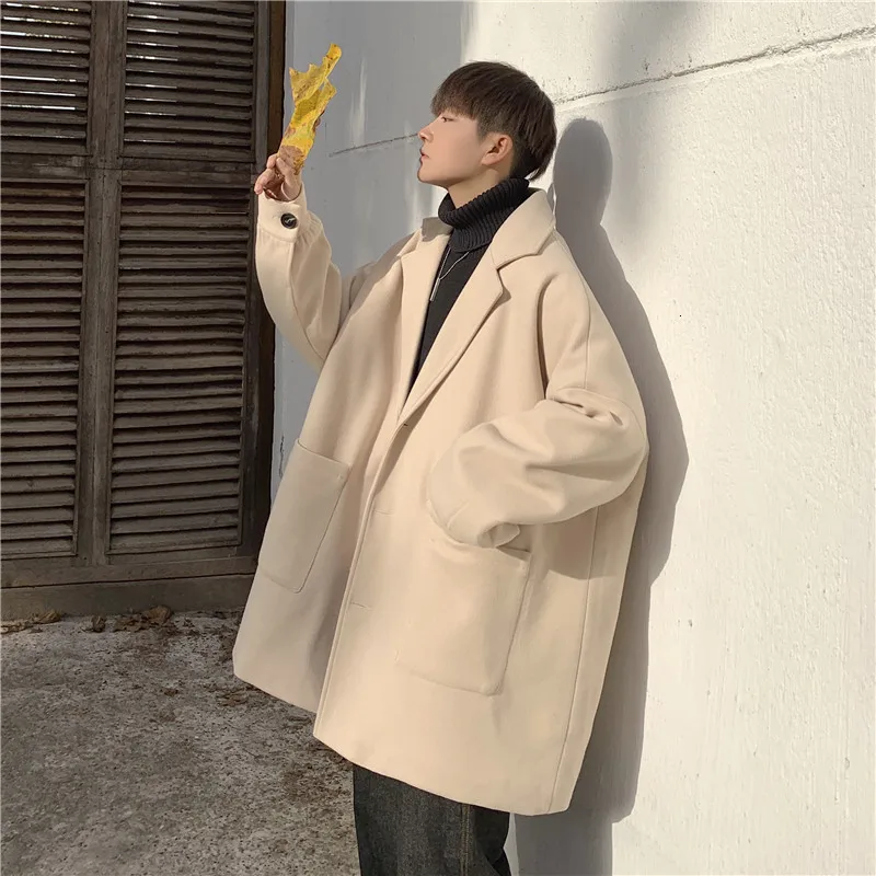 Зимнее мужское шерстяное пальто свободное кашемировое длинное ветровка