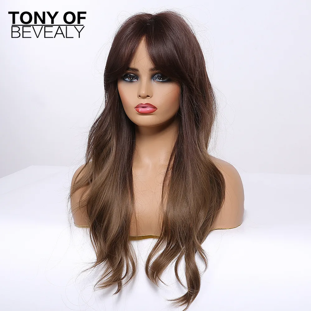 Длинные волнистые синтетические парики Омбре коричневого цвета с челкой