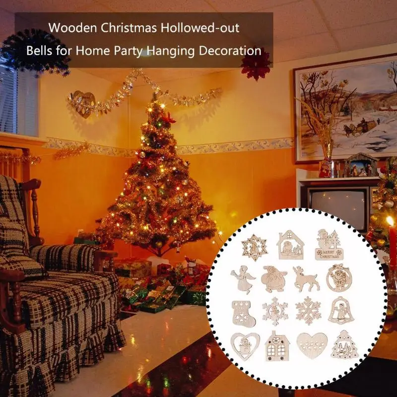 15pcs Wooden Christmas Hollowed-out Pendant Originality Elk Snowflake Love Scene Props Charms Drop Decoration Room Ornament | Дом и сад